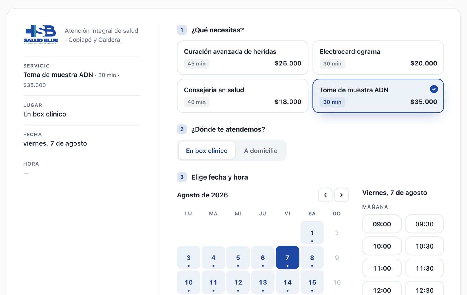 Página de reservas online: elegir servicio, lugar, fecha y hora