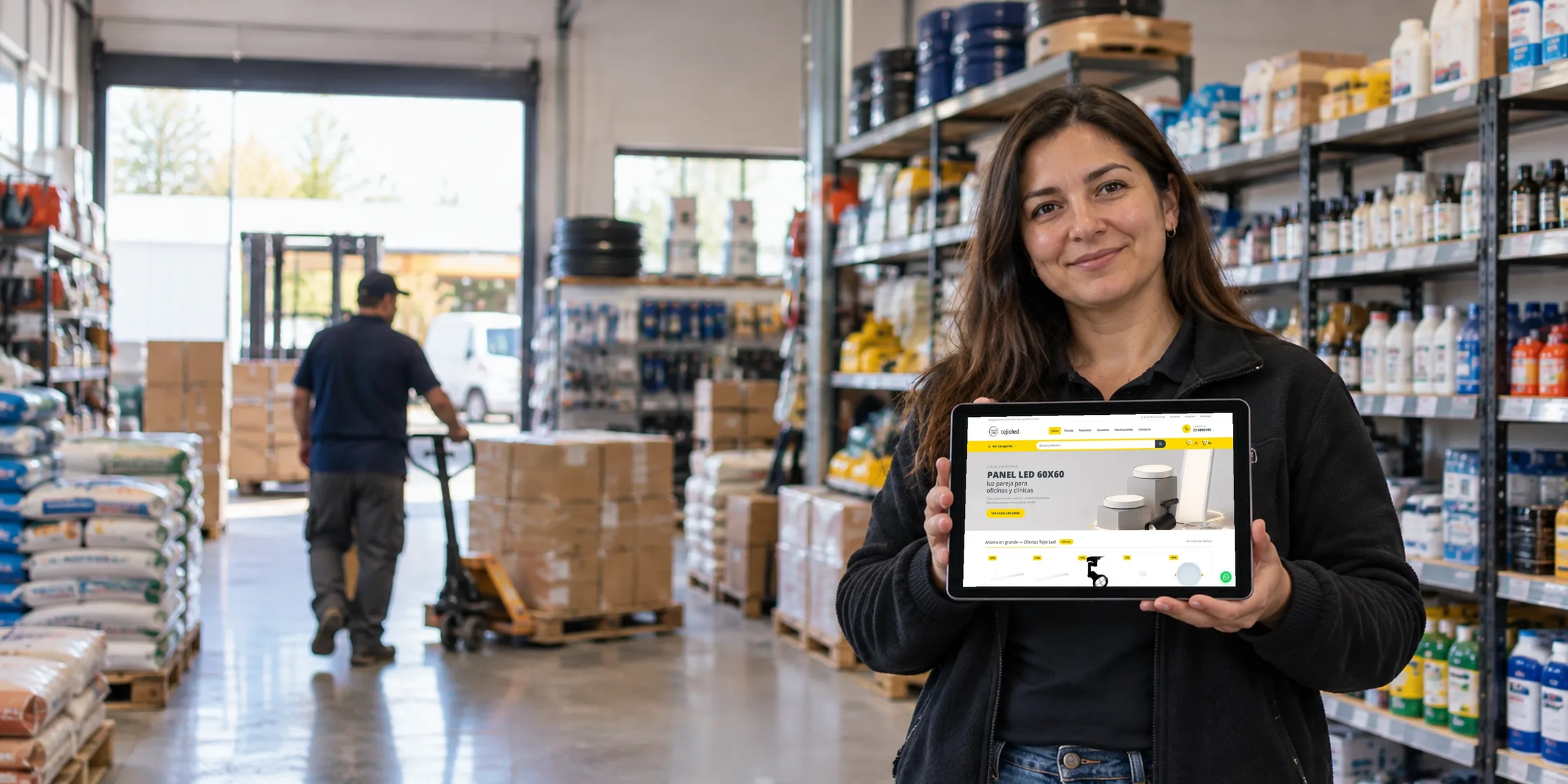 Dueño de una pyme mostrando el carrito de compras de su página web en la tablet