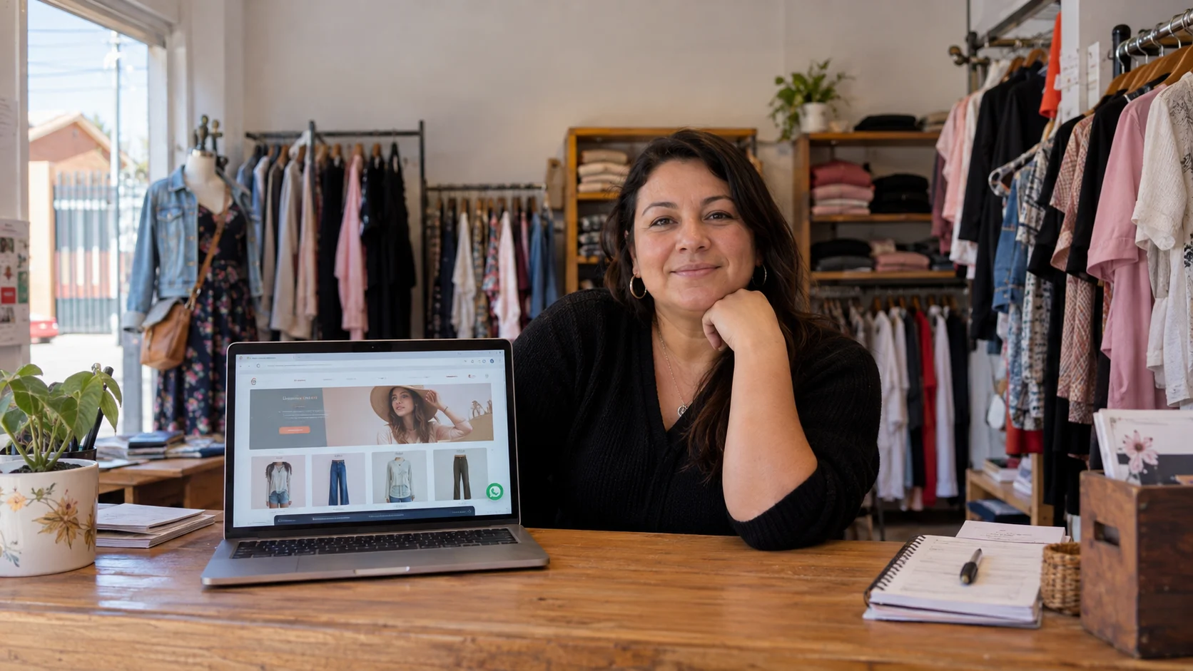 Dueña de una tienda de ropa con el diseño de su ecommerce en el notebook