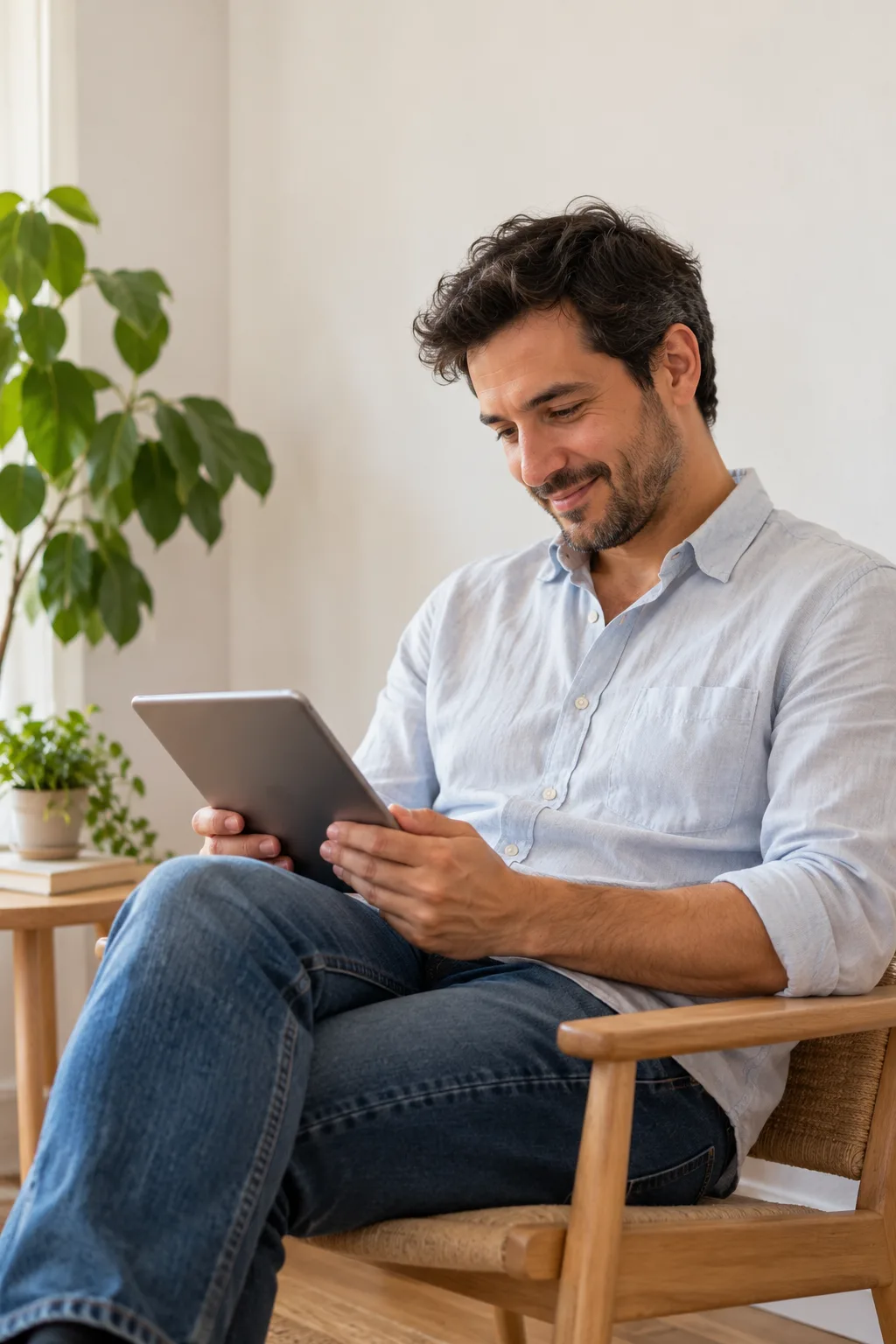Dueño de una pyme mostrando su landing page en una tablet