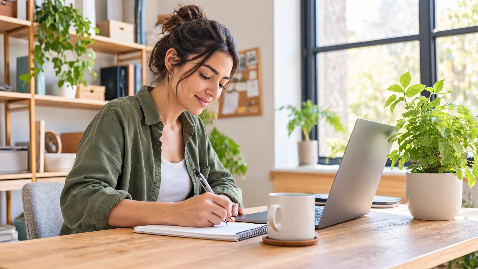 Dueña de una pyme revisando el diseño de su landing page en el notebook
