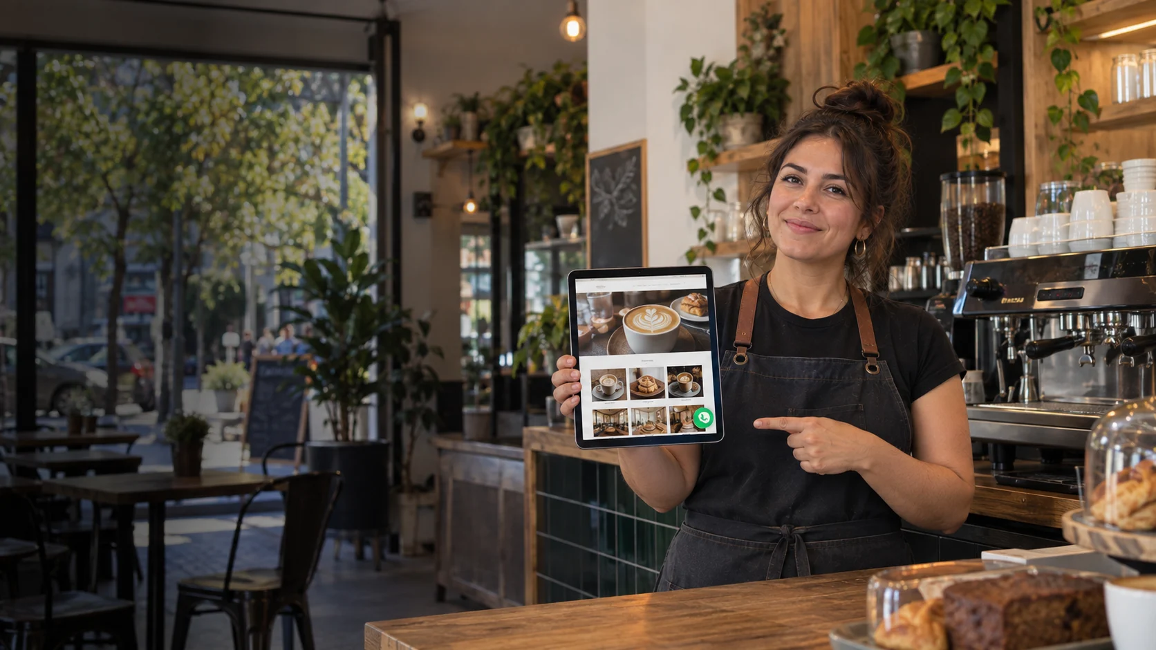 Dueña de una cafetería de Santiago mostrando su página web en una tablet