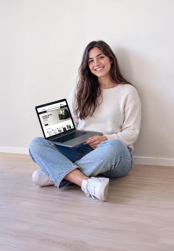 Dueño de una pyme mostrando el catálogo de su ecommerce en una tablet