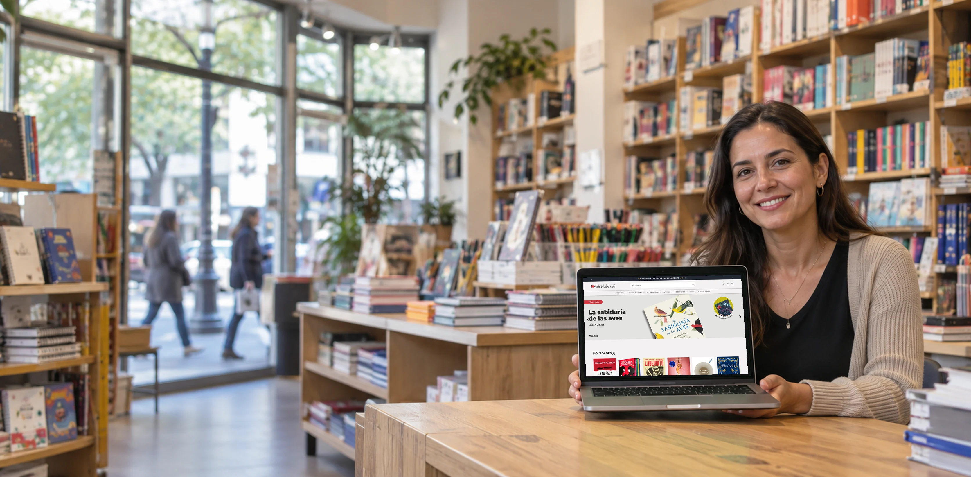 Dueña de una librería mostrando su ecommerce en la tablet
