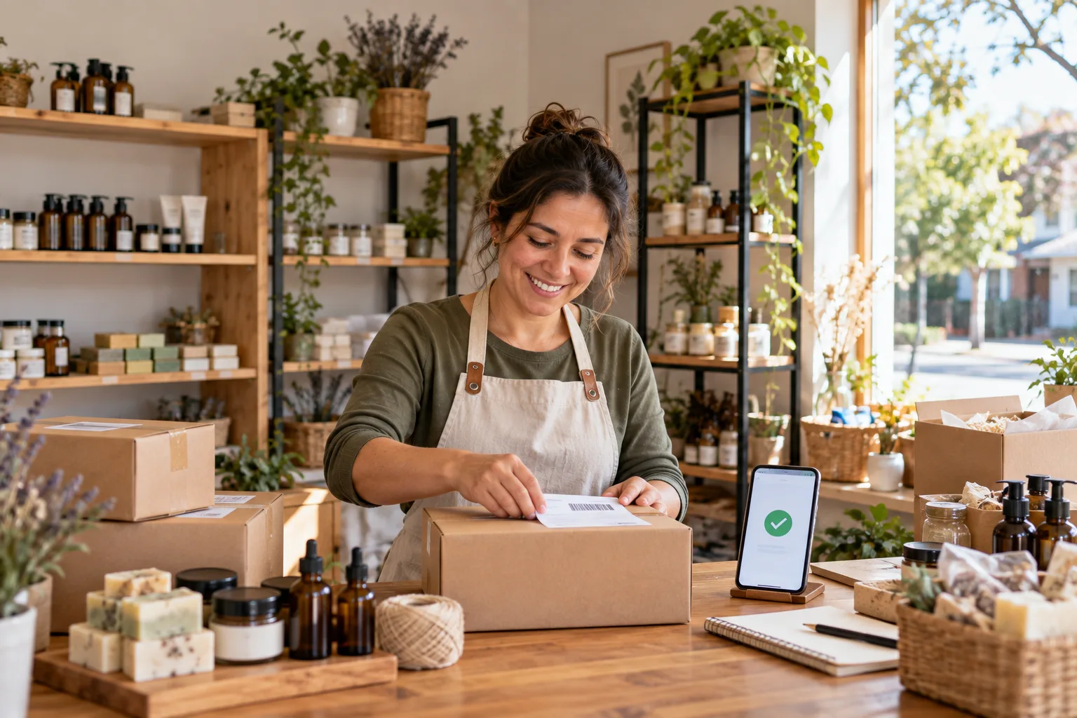 Dueña de una tienda preparando el despacho de un pedido de su ecommerce